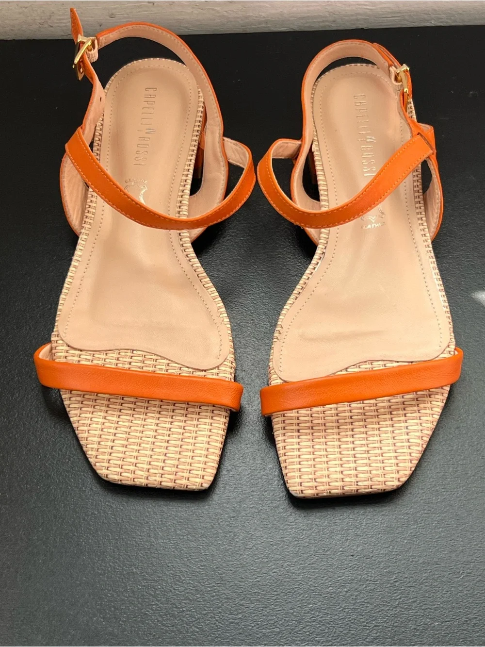 Orange Woven Toe Strap Sandals with Ankle Buckle